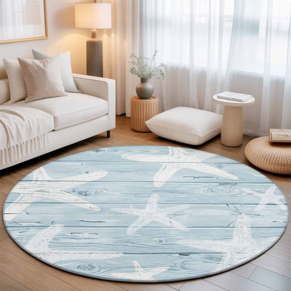 Small Round Rug 3Ft, Coastal Starfish Non-Slip Washable Circle Rugs Carpet, Summer Ocean Blue Farm Wooden Plank Indoor Outdoor Rug Floor Mats Throw Runner for Bedroom Living Room Bathroom