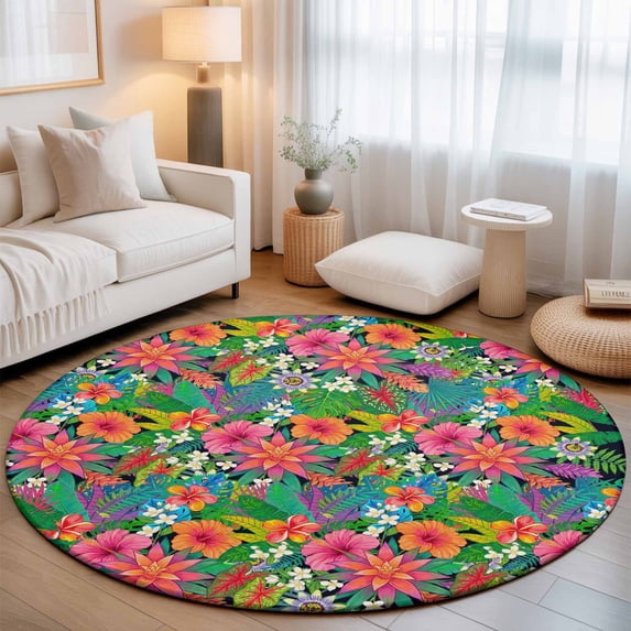 Small Round Rug 3Ft, Colorful Floral Non-Slip Washable Circle Rugs Carpet, Summer Botanical Flowers Watercolor Indoor Outdoor Rug Floor Mats Throw Runner for Bedroom Living Room Bathroom