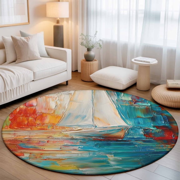 Small Round Rug 3Ft, Colorful Ship Non-Slip Washable Circle Rugs Carpet, Modern Abstract Art Ombre Oil Painting Indoor Outdoor Rug Floor Mats Throw Runner for Bedroom Living Room Bathroom