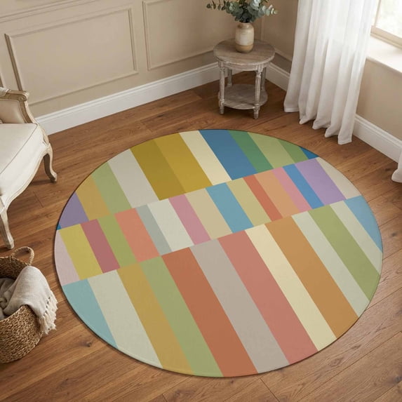 Small Round Rug 3Ft, Colorful Striped Non-Slip Washable Circle Rugs Carpet, Modern Staggered Stripes Indoor Outdoor Rug Floor Mats Throw Runner for Bedroom Living Room Bathroom