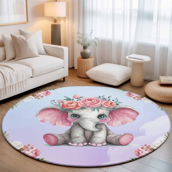 Small Round Rug 3Ft, Cute Elephant Non-Slip Washable Circle Rugs Carpet, Spring Floral Botanical Animal Watercolor Indoor Outdoor Rug Floor Mats Throw Runner for Bedroom Living Room Bathroom