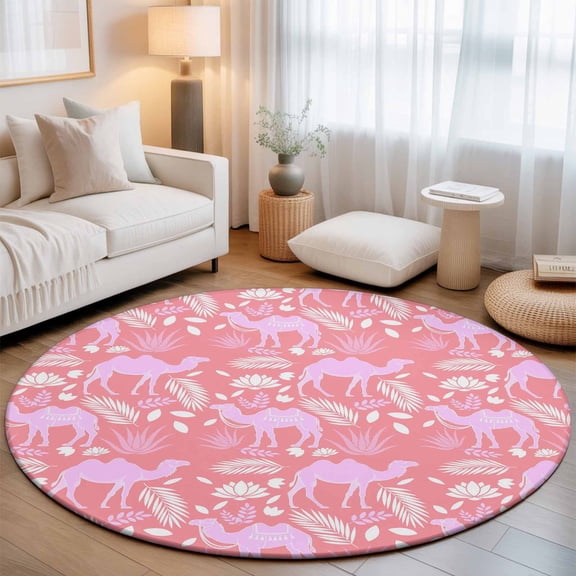 Small Round Rug 3Ft, Desert Camel Non-Slip Washable Circle Rugs Carpet, Vintage Sand Camel Leaves Flower Pattern Pink Indoor Outdoor Rug Floor Mats Throw Runner for Bedroom Living Room Bathroom