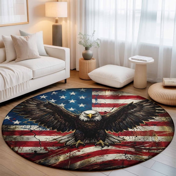 Small Round Rug 3Ft, Eagle American Flag Non-Slip Washable Circle Rugs Carpet, Independence Day Retro USA Flag Indoor Outdoor Rug Floor Mats Throw Runner for Bedroom Living Room Bathroom
