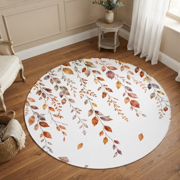 Small Round Rug 3Ft, Eucalyptus Leaves Fall Non-Slip Washable Circle Rugs Carpet, Thanksgiving Weep Leaf Botanical Indoor Outdoor Rug Floor Mats Throw Runner for Bedroom Living Room Bathroom