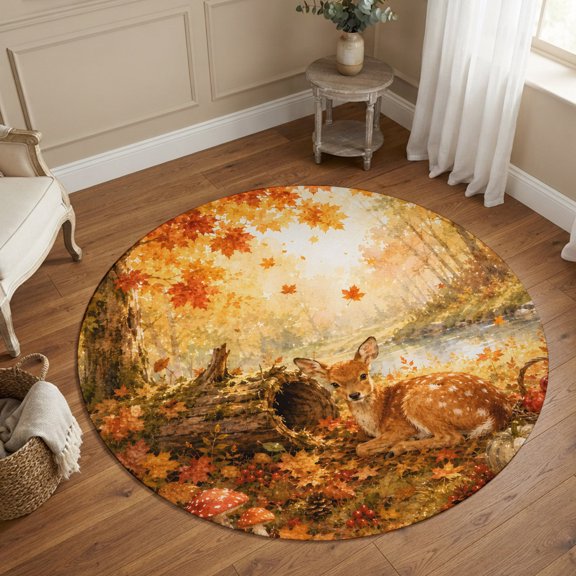 Small Round Rug 3Ft, Fall Deer Non-Slip Washable Circle Rugs Carpet, Retro Country Wildlife Maple Pumpkins Indoor Outdoor Rug Floor Mats Throw Runner for Bedroom Living Room Bathroom