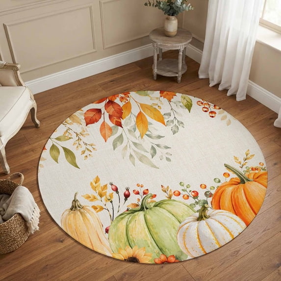 Small Round Rug 3Ft, Fall Orange Pumpkins Non-Slip Washable Circle Rugs Carpet, Green Maple Leaves Thanksgiving Indoor Outdoor Rug Floor Mats Throw Runner for Bedroom Living Room Bathroom