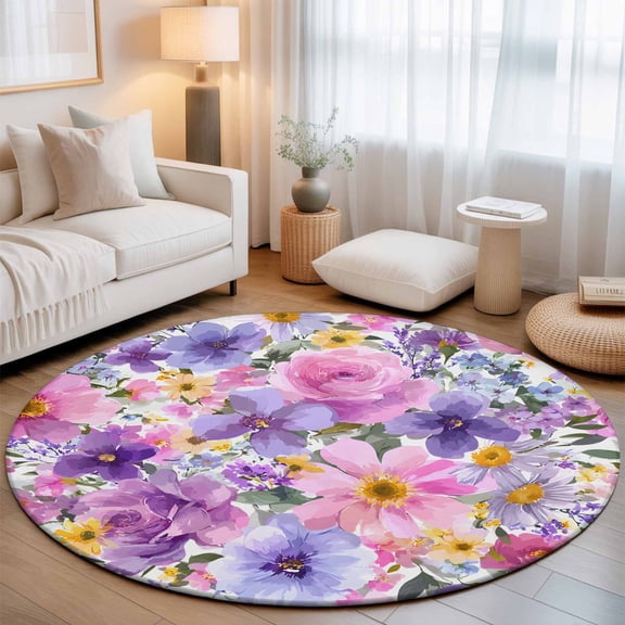 Small Round Rug 3Ft, Farmhouse Flowers Non-Slip Washable Circle Rugs Carpet, Spring Watercolor Purple Pink Floral Indoor Outdoor Rug Floor Mats Throw Runner for Bedroom Living Room Bathroom