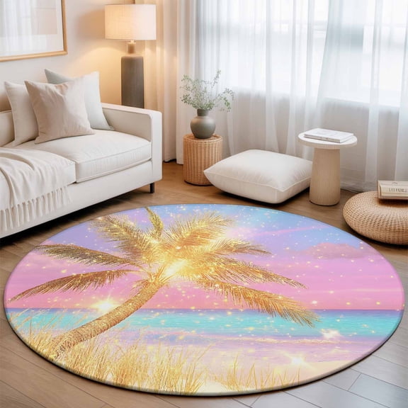 Small Round Rug 3Ft, Golden Palm Tree Non-Slip Washable Circle Rugs Carpet, Rainbow Beach Seaside Indoor Outdoor Rug Floor Mats Throw Runner for Bedroom Living Room Bathroom