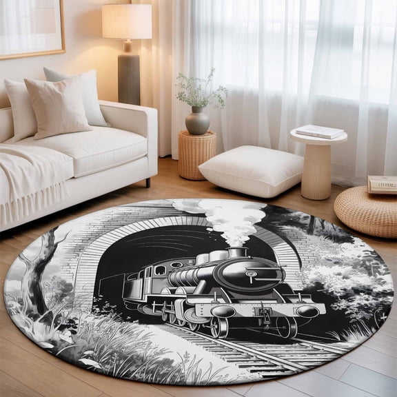 Small Round Rug 3Ft, Grey Trains Non-Slip Washable Circle Rugs Carpet, Black White Vintage Tunnels Hand Print Art Indoor Outdoor Rug Floor Mats Throw Runner for Bedroom Living Room Bathroom