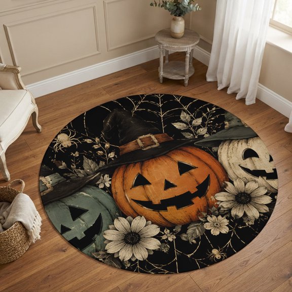 Small Round Rug 3Ft, Halloween Non-Slip Washable Circle Rugs Carpet, Evil Pumpkins Daisy Flowers Horrible Webs Indoor Outdoor Rug Floor Mats Throw Runner for Bedroom Living Room Bathroom