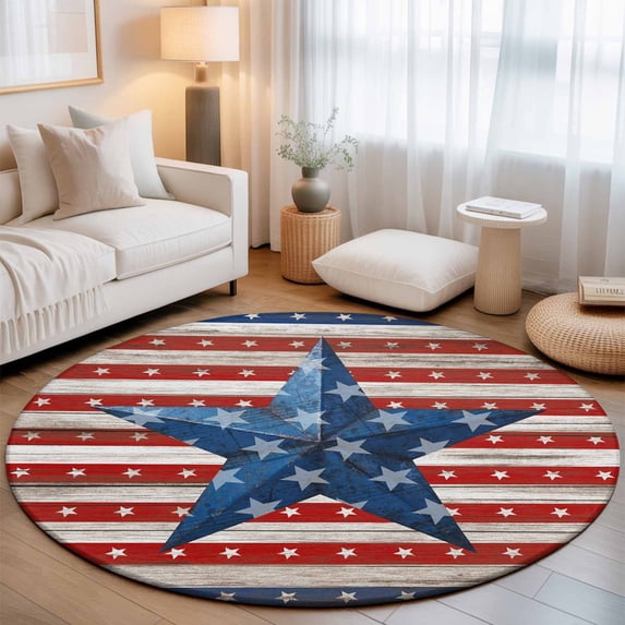 Small Round Rug 3Ft, Independence Day Non-Slip Washable Circle Rugs Carpet, 4 of July Blue Red Stars Striped Wood Indoor Outdoor Rug Floor Mats Throw Runner for Bedroom Living Room Bathroom