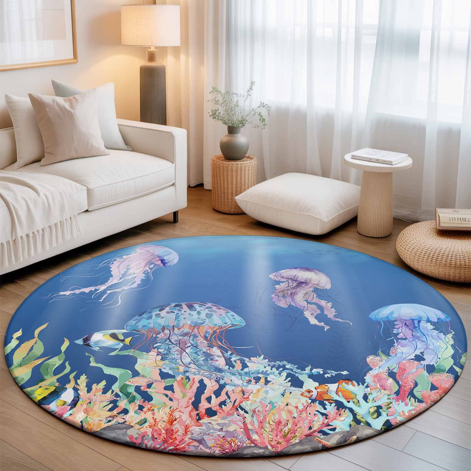 Small Round Rug 3Ft, Jellyfish Coastal Non-Slip Washable Circle Rugs Carpet, Nautical Ocean Summer Beach Coral Sea Indoor Outdoor Rug Floor Mats Throw Runner for Bedroom Living Room Bathroom