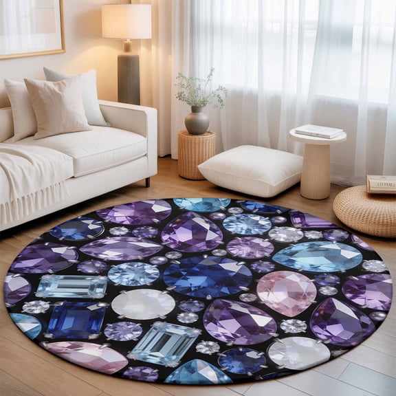 Small Round Rug 3Ft, Jewelry Non-Slip Washable Circle Rugs Carpet, Blue Purple Gemstone Classic Black Indoor Outdoor Rug Floor Mats Throw Runner for Bedroom Living Room Bathroom