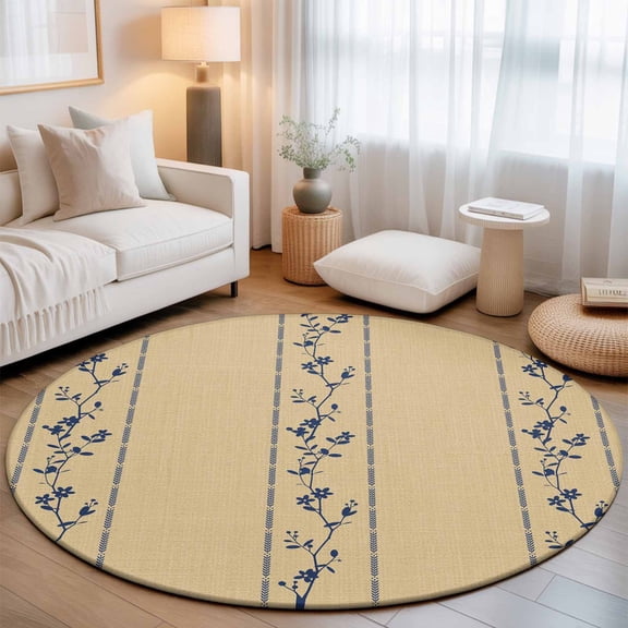 Small Round Rug 3Ft, Khaki Flower Branch Non-Slip Washable Circle Rugs Carpet, Spring Summer Farmhouse Botanical Indoor Outdoor Rug Floor Mats Throw Runner for Bedroom Living Room Bathroom