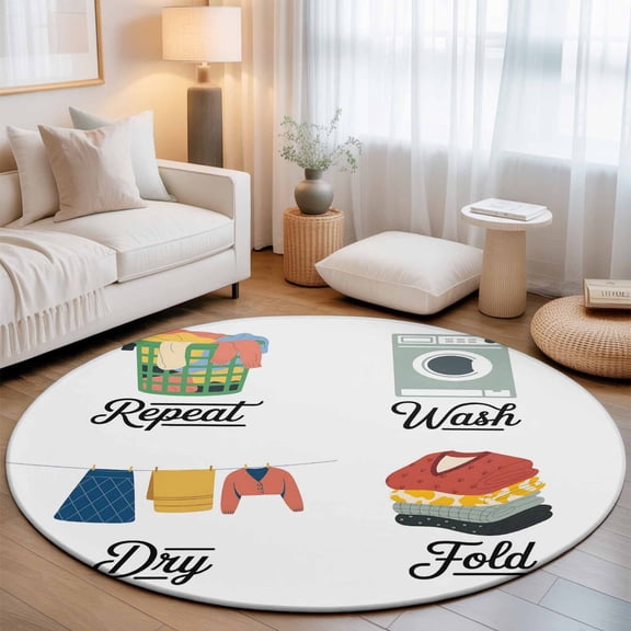 Small Round Rug 3Ft, Laundry Room Non-Slip Washable Circle Rugs Carpet, Wash Repeat Dry Fold Simple Drawn Indoor Outdoor Rug Floor Mats Throw Runner for Bedroom Living Room Bathroom
