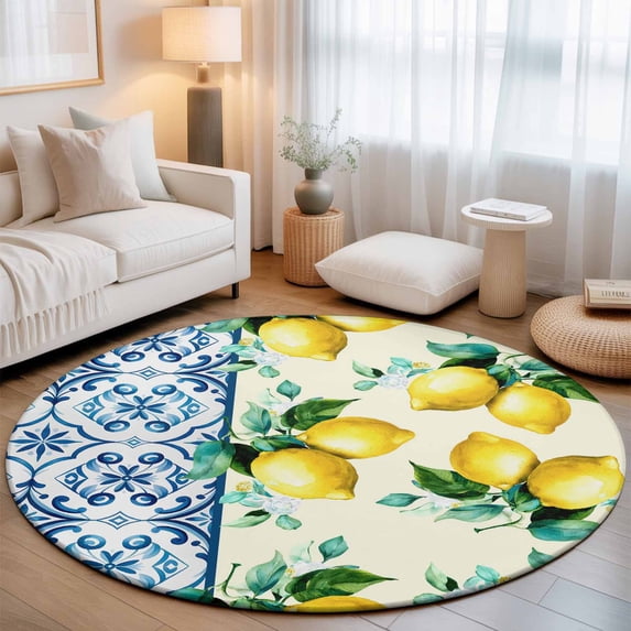 Small Round Rug 3Ft, Lemon Non-Slip Washable Circle Rugs Carpet, Summer Green Botanical Blue and White Porcelain Indoor Outdoor Rug Floor Mats Throw Runner for Bedroom Living Room Bathroom