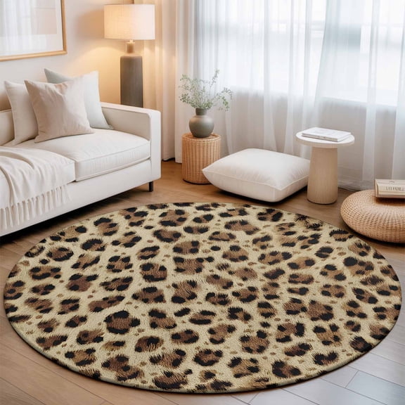 Small Round Rug 3Ft, Leopard Prints Non-Slip Washable Circle Rugs Carpet, Modern Geometric Animals Textured Indoor Outdoor Rug Floor Mats Throw Runner for Bedroom Living Room Bathroom