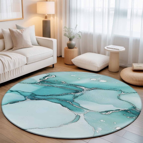 Small Round Rug 3Ft, Marble Turquoise Non-Slip Washable Circle Rugs Carpet, Abstract Nature Cracks Silver Wavy Indoor Outdoor Rug Floor Mats Throw Runner for Bedroom Living Room Bathroom