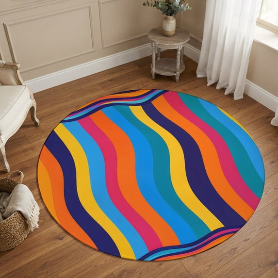 Small Round Rug 3Ft, Modern Abstract Non-Slip Washable Circle Rugs Carpet, Bohemia Wave Stripes Fluid Simple Colorful Indoor Outdoor Rug Floor Mats Throw Runner for Bedroom Living Room Bathroom