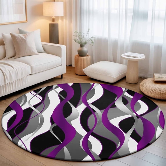 Small Round Rug 3Ft, Modern Geometric Non-Slip Washable Circle Rugs Carpet, Abstract Minimalist Lines Purple Black Indoor Outdoor Rug Floor Mats Throw Runner for Bedroom Living Room Bathroom
