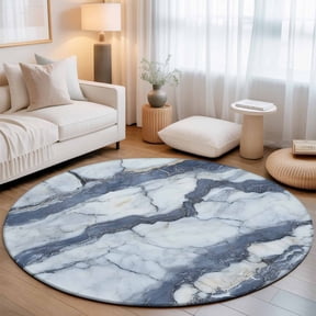 Small Round Rug 3Ft, Modern Grey White Non-Slip Washable Circle Rugs Carpet, Abstract Marble Geometrci Patterns Indoor Outdoor Rug Floor Mats Throw Runner for Bedroom Living Room Bathroom