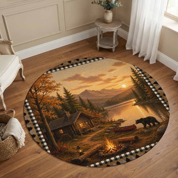 Small Round Rug 3Ft, Mountains Bear Non-Slip Washable Circle Rugs Carpet, Farmhouse Country Cabins Pine Tree Brown Indoor Outdoor Rug Floor Mats Throw Runner for Bedroom Living Room Bathroom