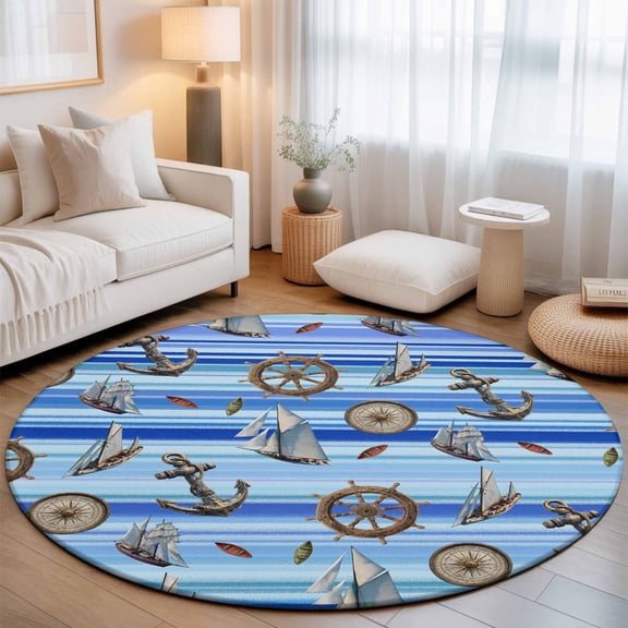 Small Round Rug 3Ft, Nautical Anchor Compass Non-Slip Washable Circle Rugs Carpet, Coastal Blue Striped Indoor Outdoor Rug Floor Mats Throw Runner for Bedroom Living Room Bathroom