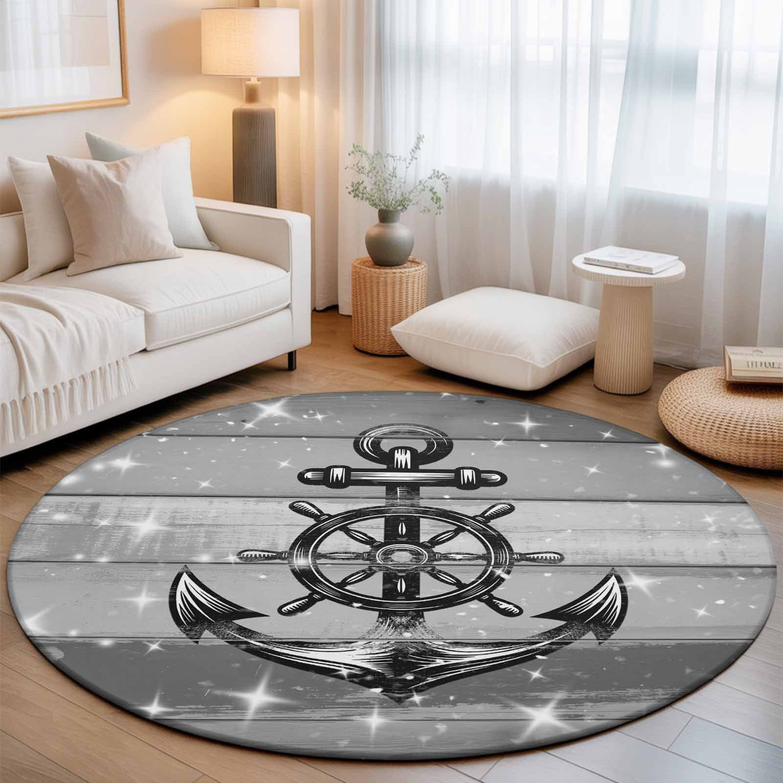 Small Round Rug 3Ft, Nautical Anchor Non-Slip Washable Circle Rugs Carpet, Rudder Stars Retro Black Grey Wooden Grain Indoor Outdoor Rug Floor Mats Throw Runner for Bedroom Living Room Bathroom