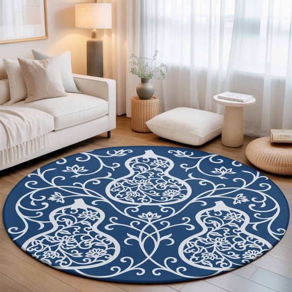 Small Round Rug 3Ft, Navy Blue Gourd Non-Slip Washable Circle Rugs Carpet, Modern Abstract Art Floral Indoor Outdoor Rug Floor Mats Throw Runner for Bedroom Living Room Bathroom