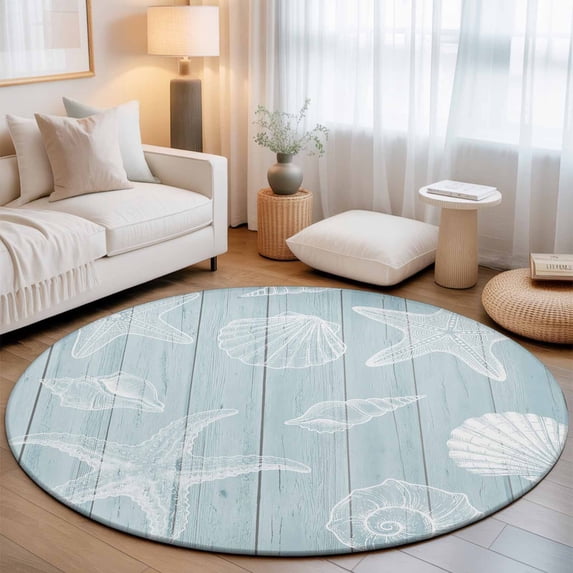 Small Round Rug 3Ft, Ocean Beach Non-Slip Washable Circle Rugs Carpet, Summer Coastal Starfish Shell Conch Wooden Green Indoor Outdoor Rug Floor Mats Throw Runner for Bedroom Living Room Bathroom