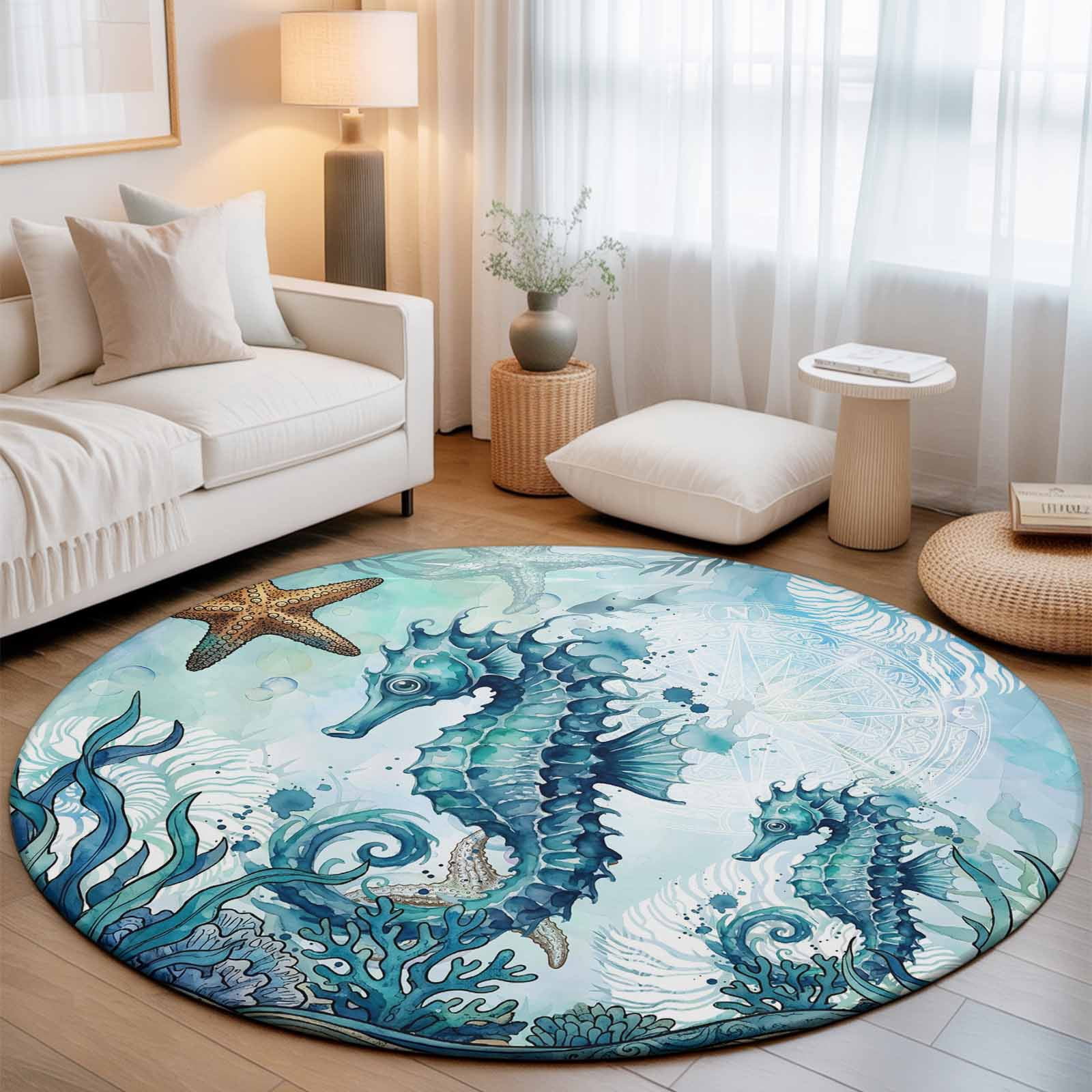 Small Round Rug 3Ft, Ocean Seahorses Non-Slip Washable Circle Rugs Carpet, Coastal Animals Seaweed Strafish Compass Blue Indoor Outdoor Rug Floor Mats Throw Runner for Bedroom Living Room Bathroom