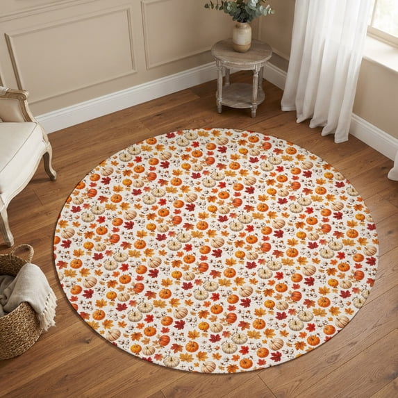 Small Round Rug 3Ft, Orange Pumpkins Thanksgiving Non-Slip Washable Circle Rugs Carpet, Maple Leaves Filling Fall Indoor Outdoor Rug Floor Mats Throw Runner for Bedroom Living Room Bathroom