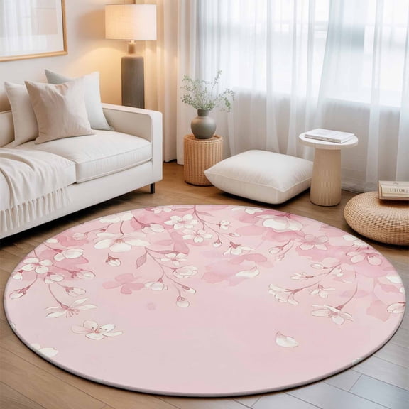 Small Round Rug 3Ft, Pink Cherry Blossom Non-Slip Washable Circle Rugs Carpet, Spring Modern Farmhouse Floral Indoor Outdoor Rug Floor Mats Throw Runner for Bedroom Living Room Bathroom