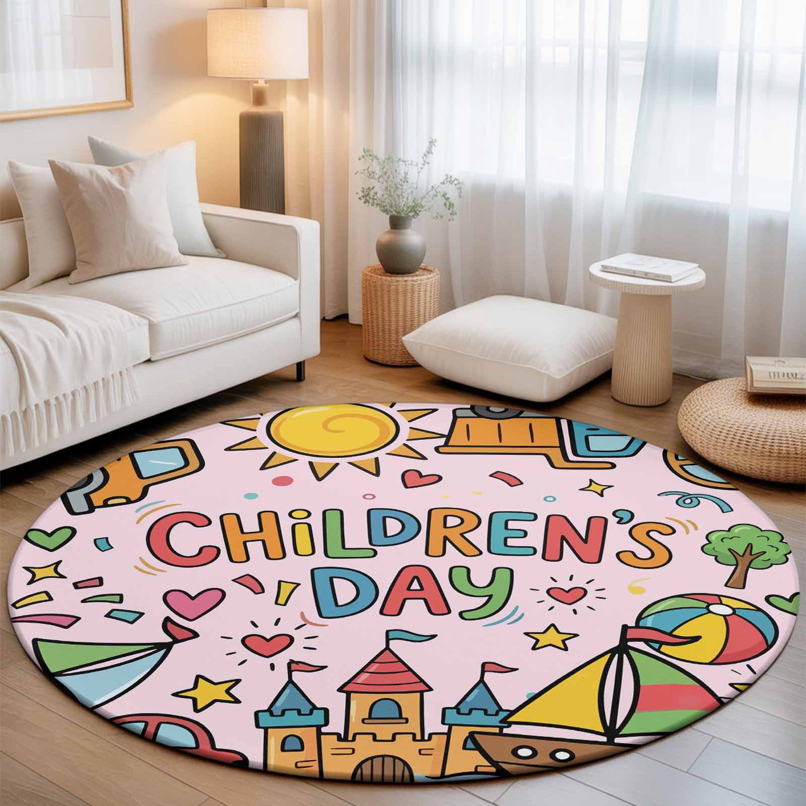 Small Round Rug 3Ft, Pink Children's Day Non-Slip Washable Circle Rugs ...