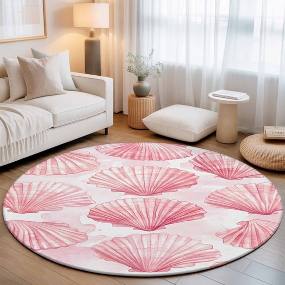 Small Round Rug 3Ft, Pink Coastal Shell Non-Slip Washable Circle Rugs Carpet, Summer Beach Ocean Nautical Indoor Outdoor Rug Floor Mats Throw Runner for Bedroom Living Room Bathroom