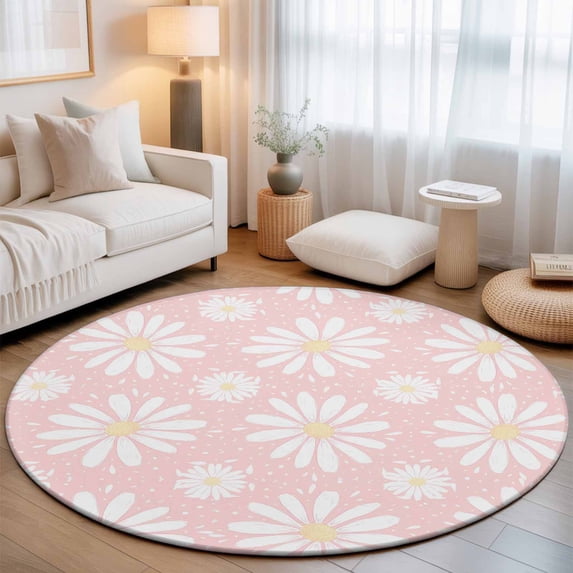 Small Round Rug 3Ft, Pink Daisy Non-Slip Washable Circle Rugs Carpet, Spring Floral Elegant Pastoral Botanical Indoor Outdoor Rug Floor Mats Throw Runner for Bedroom Living Room Bathroom