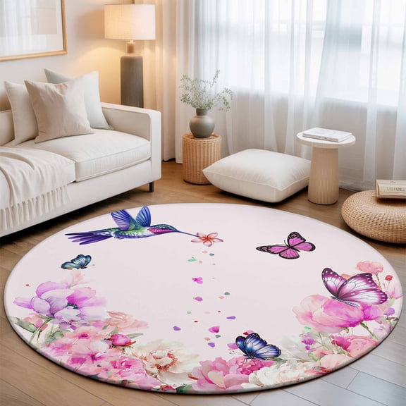 Small Round Rug 3Ft, Pink Flower Non-Slip Washable Circle Rugs Carpet, Spring Floral Butterflies Birds Elegant Pastoral Indoor Outdoor Rug Floor Mats Throw Runner for Bedroom Living Room Bathroom
