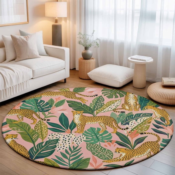 Small Round Rug 3Ft, Pink Leopard Non-Slip Washable Circle Rugs Carpet, Summer Botanical Tropical Leaves Indoor Outdoor Rug Floor Mats Throw Runner for Bedroom Living Room Bathroom