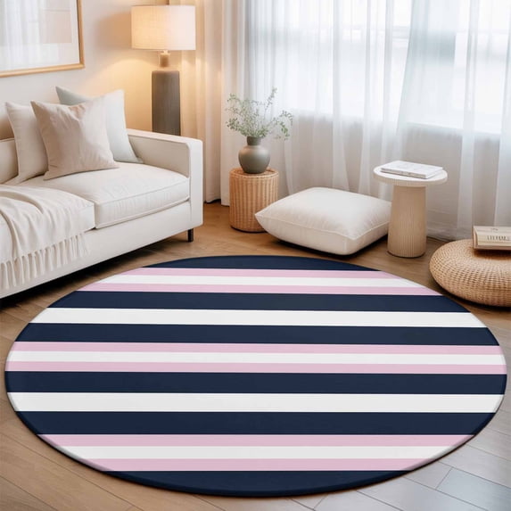 Small Round Rug 3Ft, Pink Navy Blue Striped Non-Slip Washable Circle Rugs Carpet, Minimalist Abstract Lines Artwork Indoor Outdoor Rug Floor Mats Throw Runner for Bedroom Living Room Bathroom