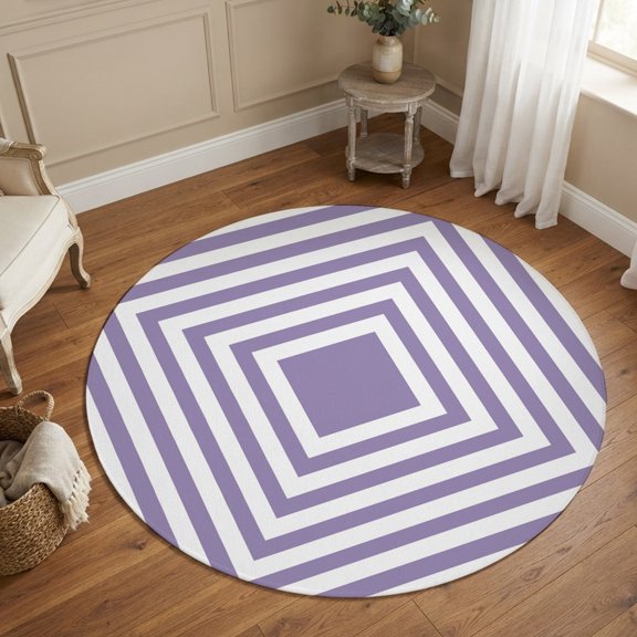 Small Round Rug 3Ft, Purple White Geometric Non-Slip Washable Circle Rugs Carpet, Square Minimalist Modern Indoor Outdoor Rug Floor Mats Throw Runner for Bedroom Living Room Bathroom