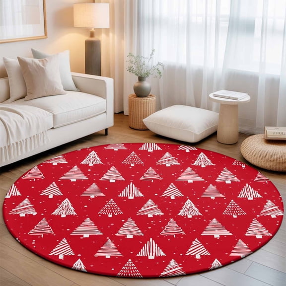 Small Round Rug 3Ft, Red Christmas Trees Non-Slip Washable Circle Rugs Carpet, Winter Xmas Pine Textured Indoor Outdoor Rug Floor Mats Throw Runner for Bedroom Living Room Bathroom