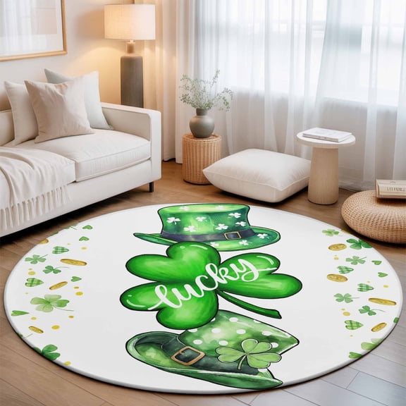 Small Round Rug 3Ft, Saint Patrick's Day Non-Slip Washable Circle Rugs Carpet, Spring Green Clovers Hats Coin Love Indoor Outdoor Rug Floor Mats Throw Runner for Bedroom Living Room Bathroom