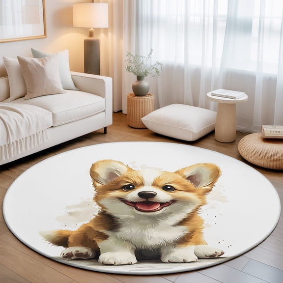 Small Round Rug 3Ft, Sitting Puppy Cartoon Non-Slip Washable Circle Rugs Carpet, Watercolor Cute Dog Animal Indoor Outdoor Rug Floor Mats Throw Runner for Bedroom Living Room Bathroom