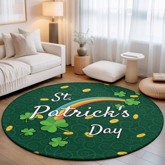 Small Round Rug 3Ft, St. Patrick's Day Non-Slip Washable Circle Rugs Carpet, Green Shamrock Rainbow Gold Coin Simple Indoor Outdoor Rug Floor Mats Throw Runner for Bedroom Living Room Bathroom