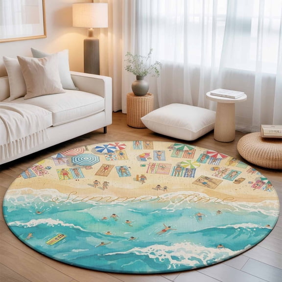 Small Round Rug 3Ft, Summer Beach Time Non-Slip Washable Circle Rugs Carpet, Ocean Waves Leisure Time Sandy Indoor Outdoor Rug Floor Mats Throw Runner for Bedroom Living Room Bathroom