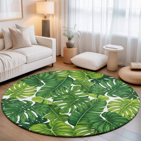 Small Round Rug 3Ft, Summer Palm Leaves Non-Slip Washable Circle Rugs Carpet, Tropical Green Botanical Indoor Outdoor Rug Floor Mats Throw Runner for Bedroom Living Room Bathroom