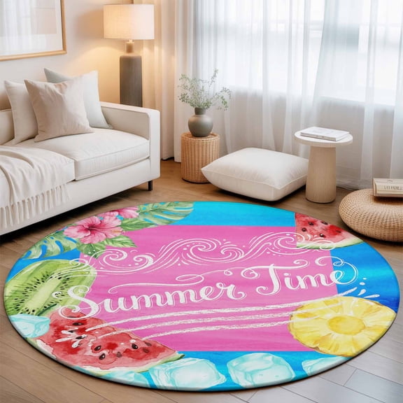 Small Round Rug 3Ft, Summer Time Non-Slip Washable Circle Rugs Carpet, Watermelon Fruits Popsicles Flowers Ice Cubes Indoor Outdoor Rug Floor Mats Throw Runner for Bedroom Living Room Bathroom