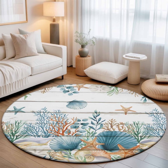 Small Round Rug 3Ft, Teal Blue Coastal Non-Slip Circle Rugs Carpet, Summer Beach Starfish Shell Coral Nautical Vintage Indoor Outdoor Rug Floor Mats Throw Runner for Bedroom Living Room Bathroom