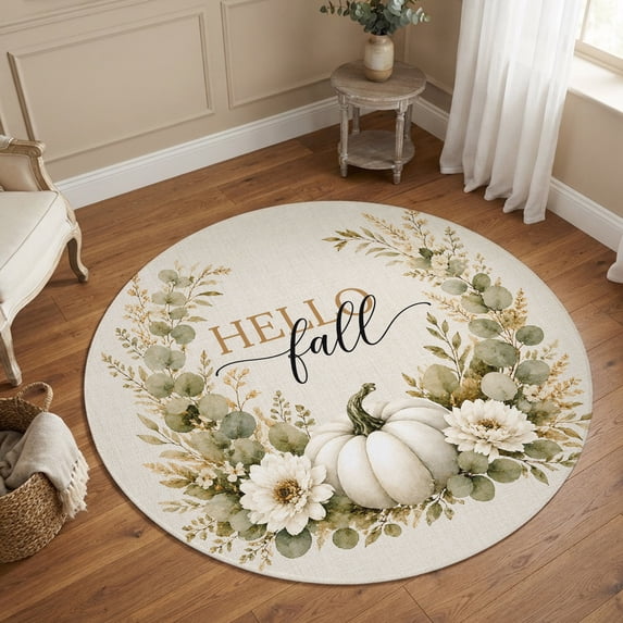 Small Round Rug 3Ft, Thanksgiving Non-Slip Washable Circle Rugs Carpet, Fall Pumpkin Eucalyptus Leaves Floral Watercolor Indoor Outdoor Rug Floor Mats Throw Runner for Bedroom Living Room Bathroom