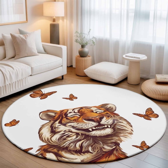 Small Round Rug 3Ft, Tiger Butterfly Non-Slip Washable Circle Rugs Carpet, Modern Art Farmhouse Animals Butterflies Indoor Outdoor Rug Floor Mats Throw Runner for Bedroom Living Room Bathroom